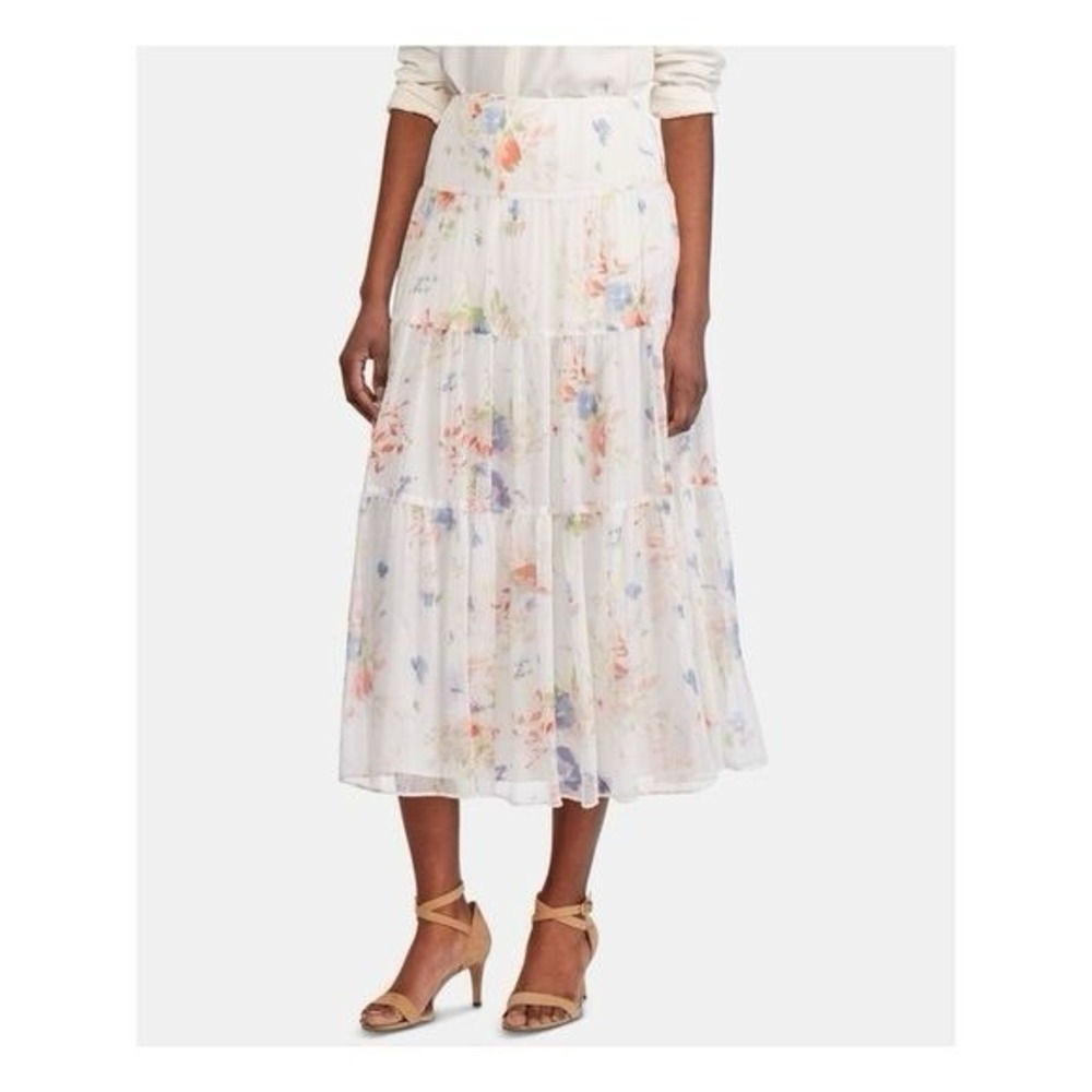 Lauren Ralph Lauren White Floral Tiered‎ Tea Length Peasant Skirt 4